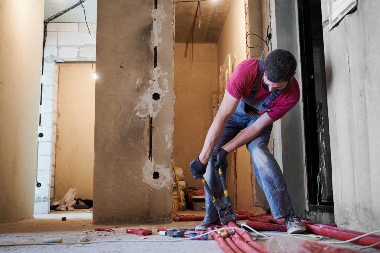 Full length of young man in work overalls connecting pipe with special tool. Male plumber in gloves using pipe tool while installing heating system in apartment. Concept of heating system installation